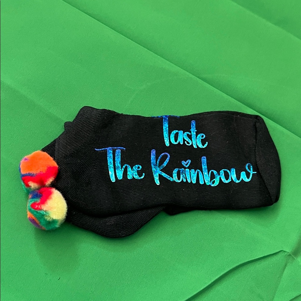 Black Custom Ankle Socks With Rainbow Pom-Pom